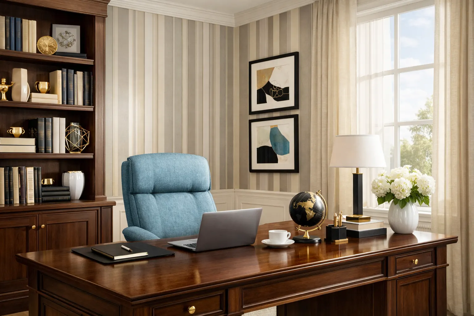 decorar despacho en casa con papeles pintados de diseñador, escritorio ejecutivo y ambiente de lujo profesional