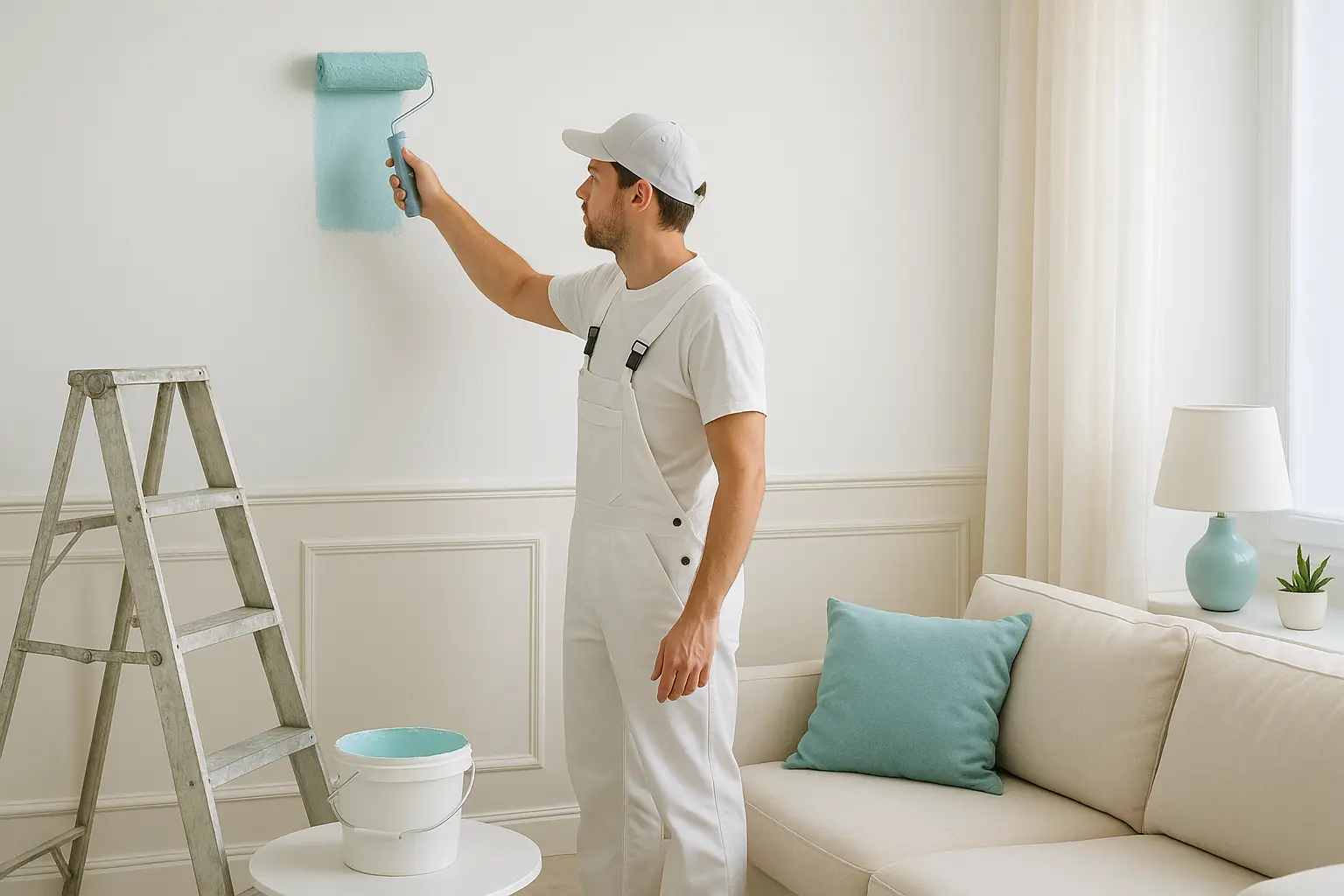 Técnico de reformas pintando pared de color turquesa en Fancy Decor