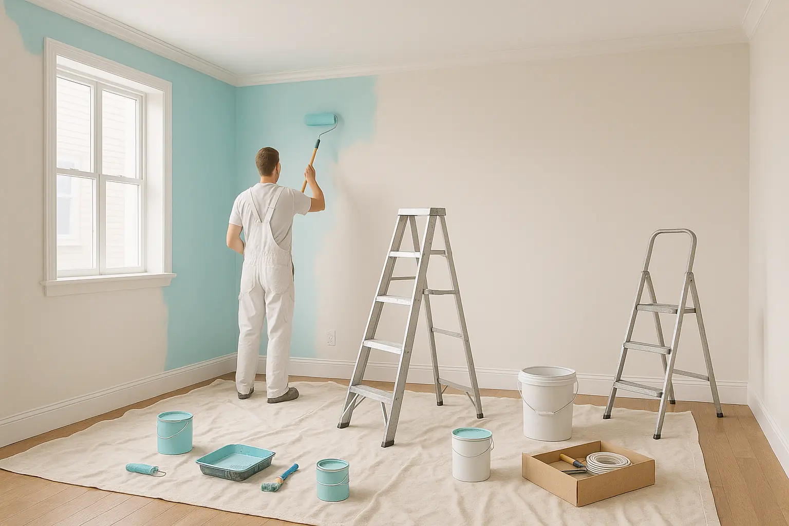operario-de-reformas-pintando-habitacion-azul-turquesa