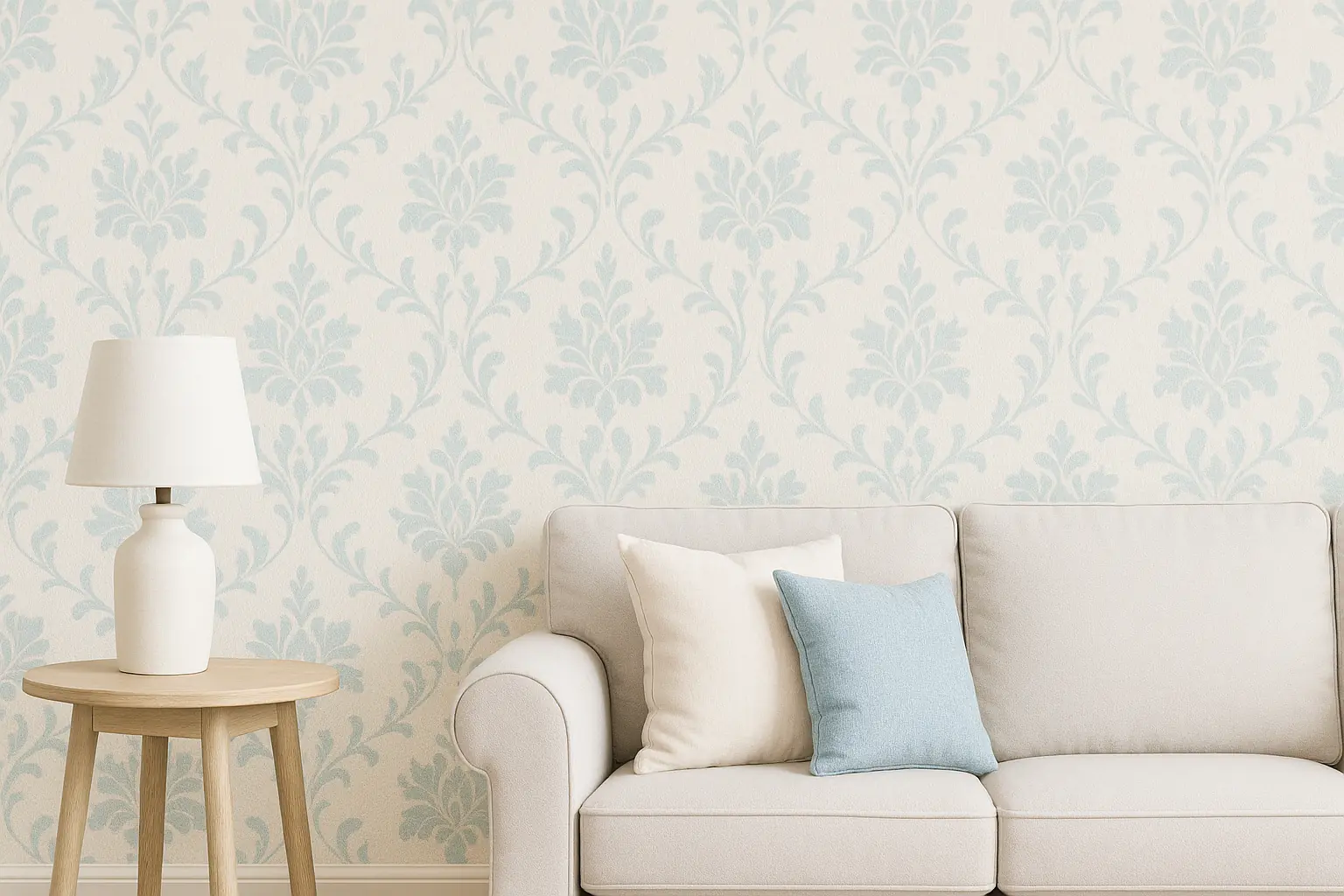 pared-con-papel-pintado-y-sofa-con-lampara