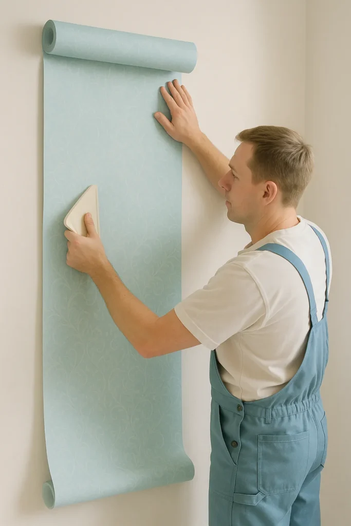 tecnico-instalando-papel-pintado-azul-en-pared
