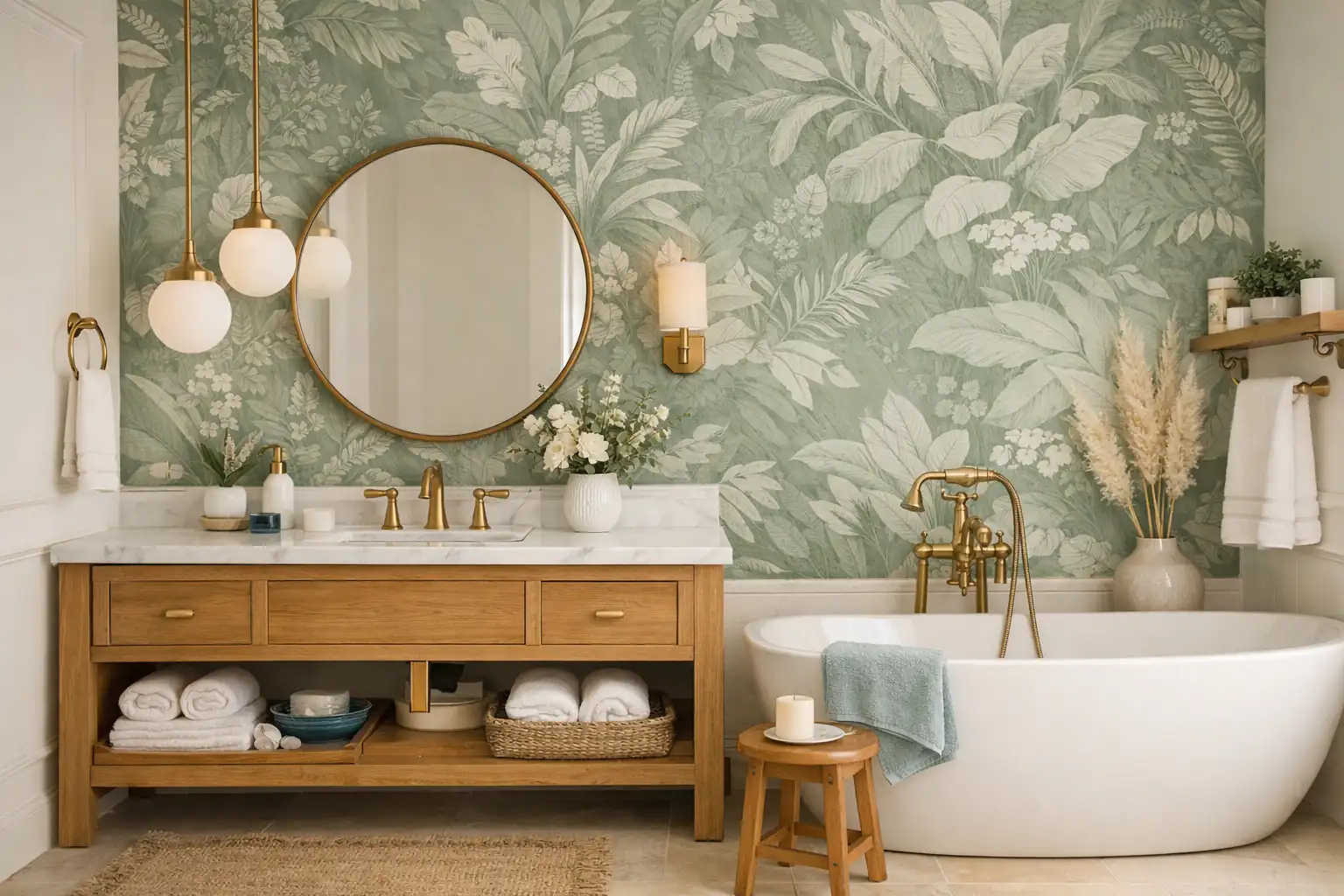baño elegante con papel pintado botánico combinado con muebles de madera natural