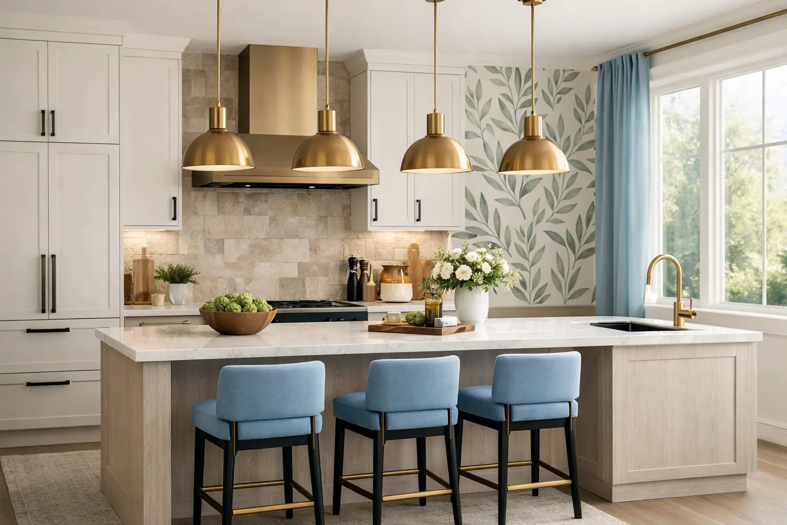 Cocina premium con colores moda interiorismo 2026 en blanco cálido y acentos olivo