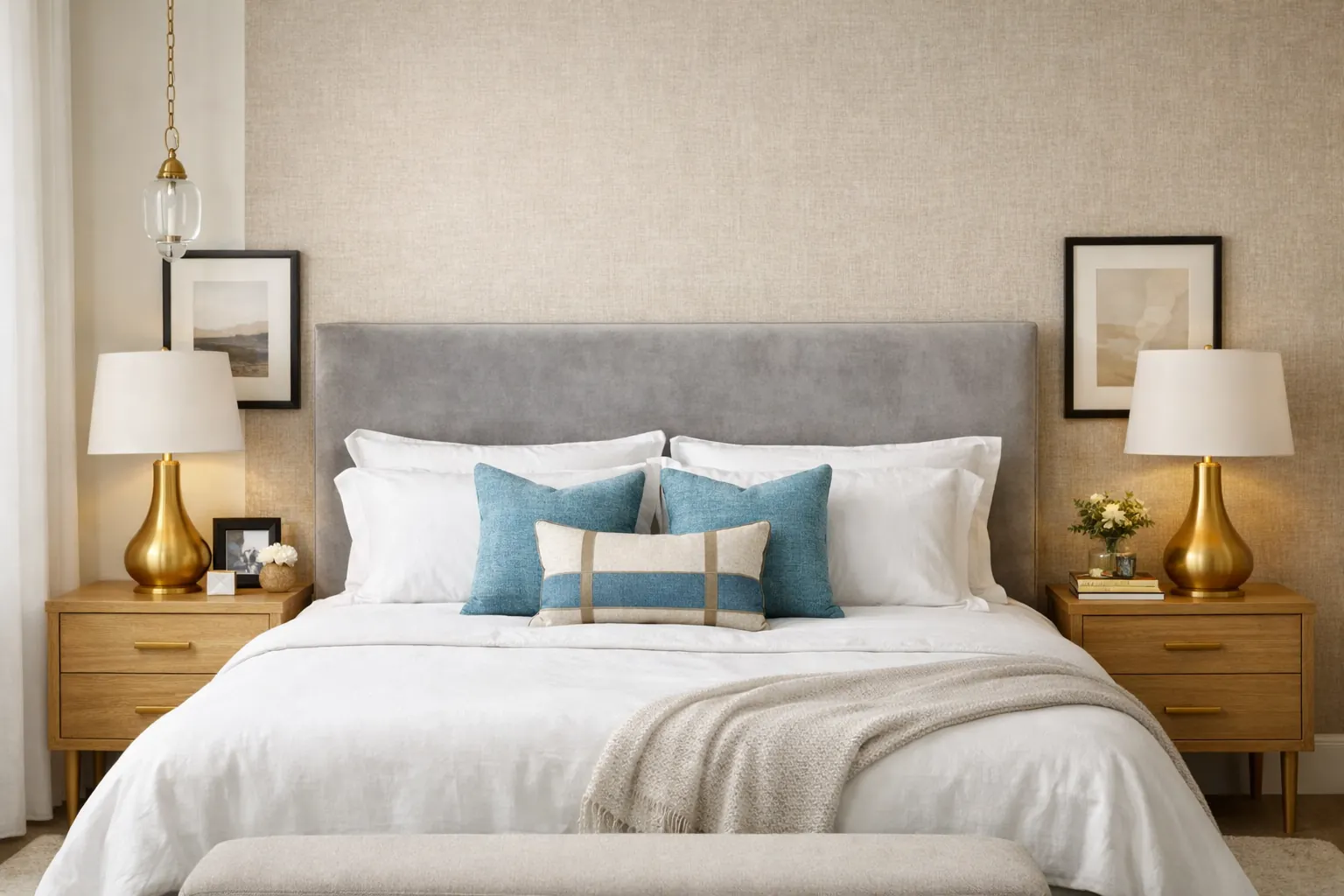 Dormitorio principal de lujo con papel pintado texturizado en cabecero, pintura beige en paredes complementarias y textiles premium en tonos coordinados