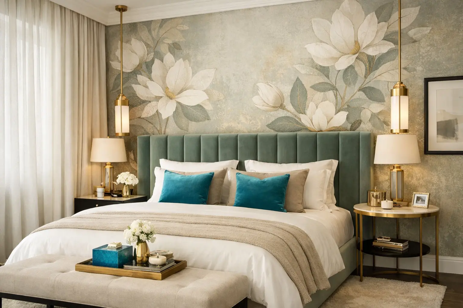 dormitorio de lujo con telas exclusivas Designers Guild y papel pintado premium en tonos sofisticados