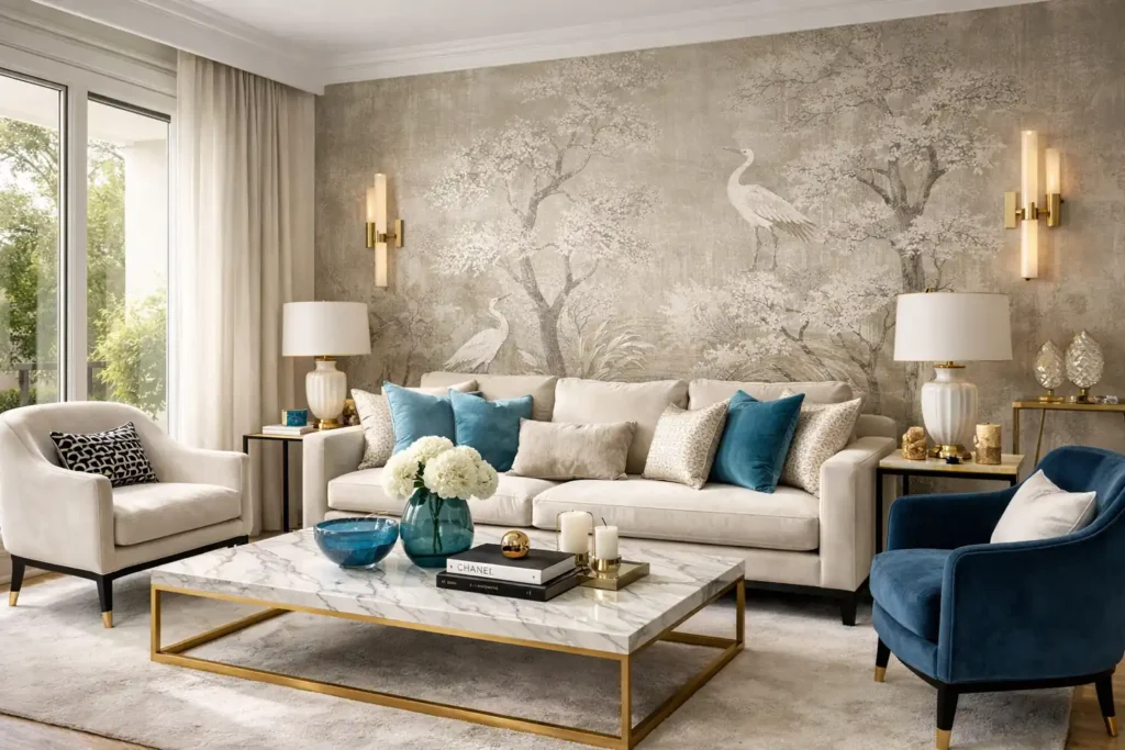 interiorismo Madrid noroeste premium con papeles pintados exclusivos y telas de diseñador en salón sofisticado de Pozuelo de Alarcón