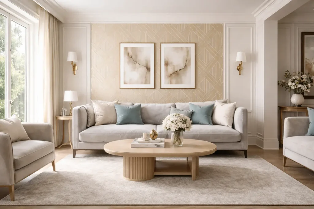 Salón de lujo en Pozuelo con combinación elegante de papel pintado geométrico y pintura crema, molduras blancas y mobiliario premium