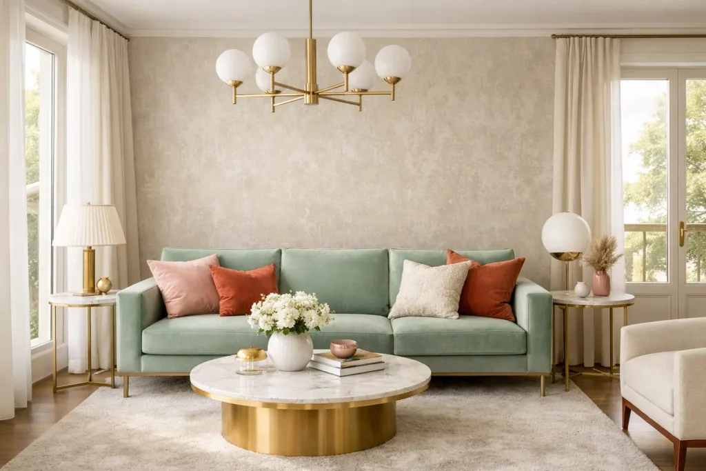 Salón de lujo con colores moda interiorismo 2026 en paleta sofisticada de neutros y verdes