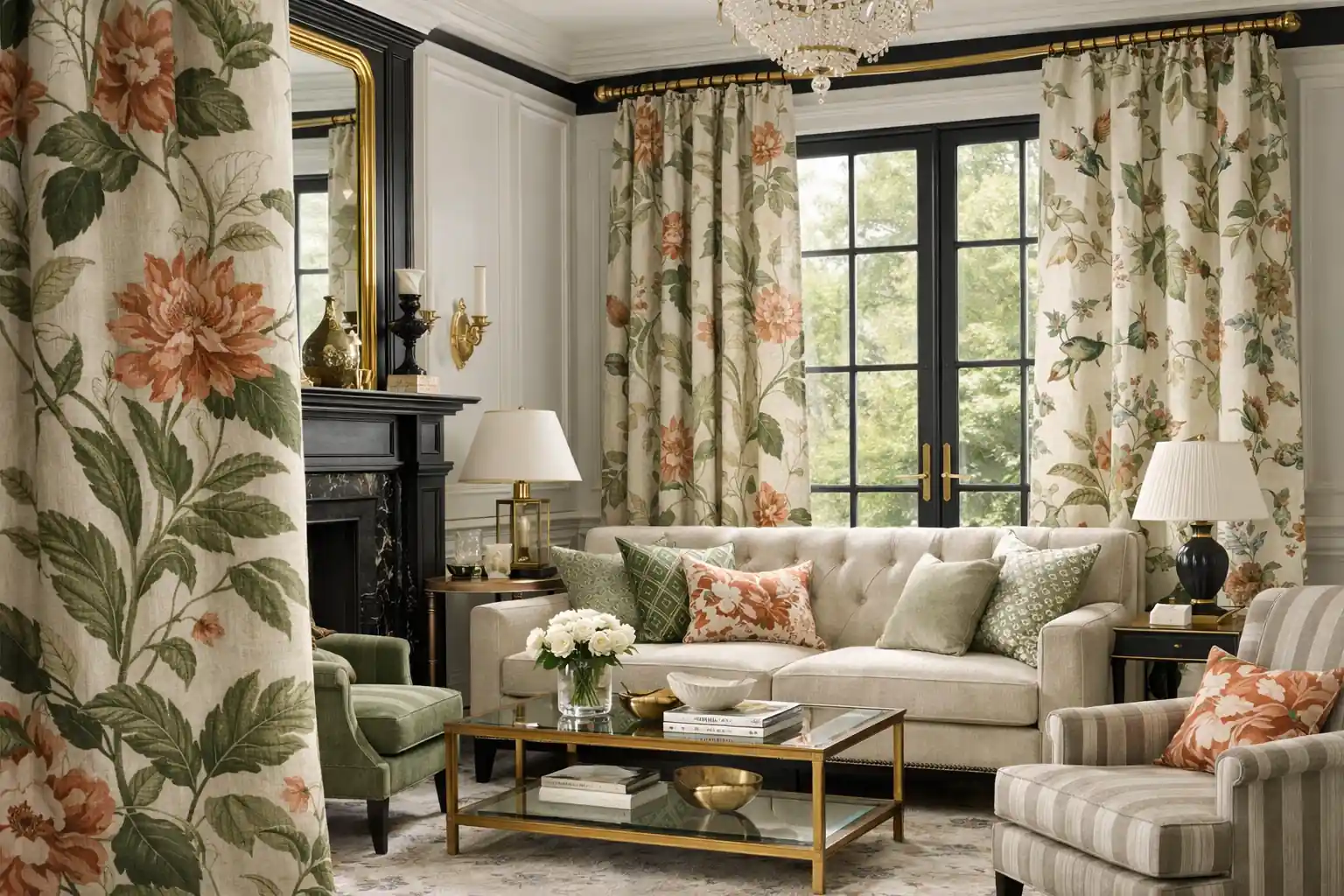 telas jane churchill en salón británico elegante con cortinas premium y diseño sofisticado