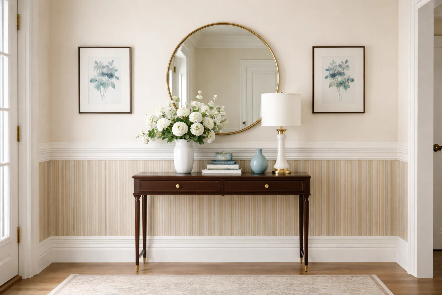 Recibidor sofisticado con papel pintado a media altura en tonos beige y dorado, molduras blancas de transición y pintura crema superior, interiorismo de lujo Madrid