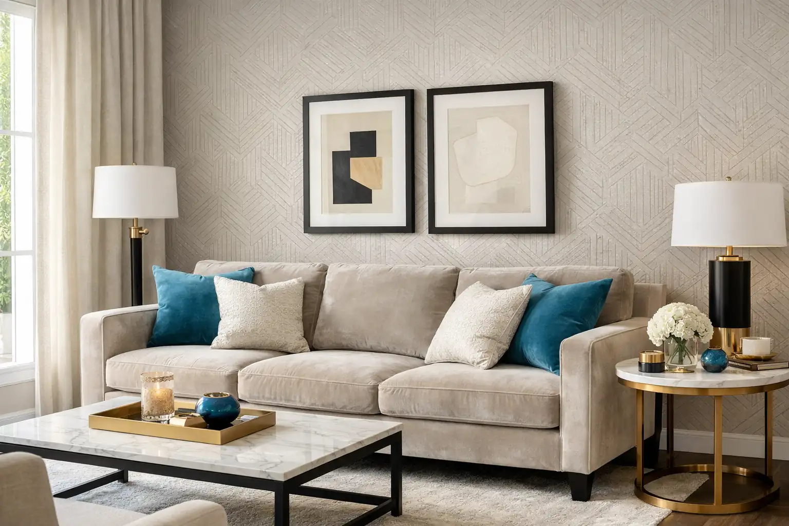 salón elegante con papeles pintados premium en Madrid noroeste mostrando interiorismo de lujo personalizado