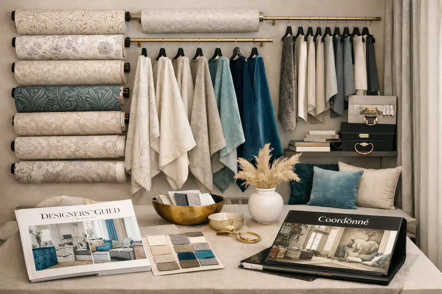 showroom de papeles pintados premium en Pozuelo mostrando muestras exclusivas de marcas de diseñador