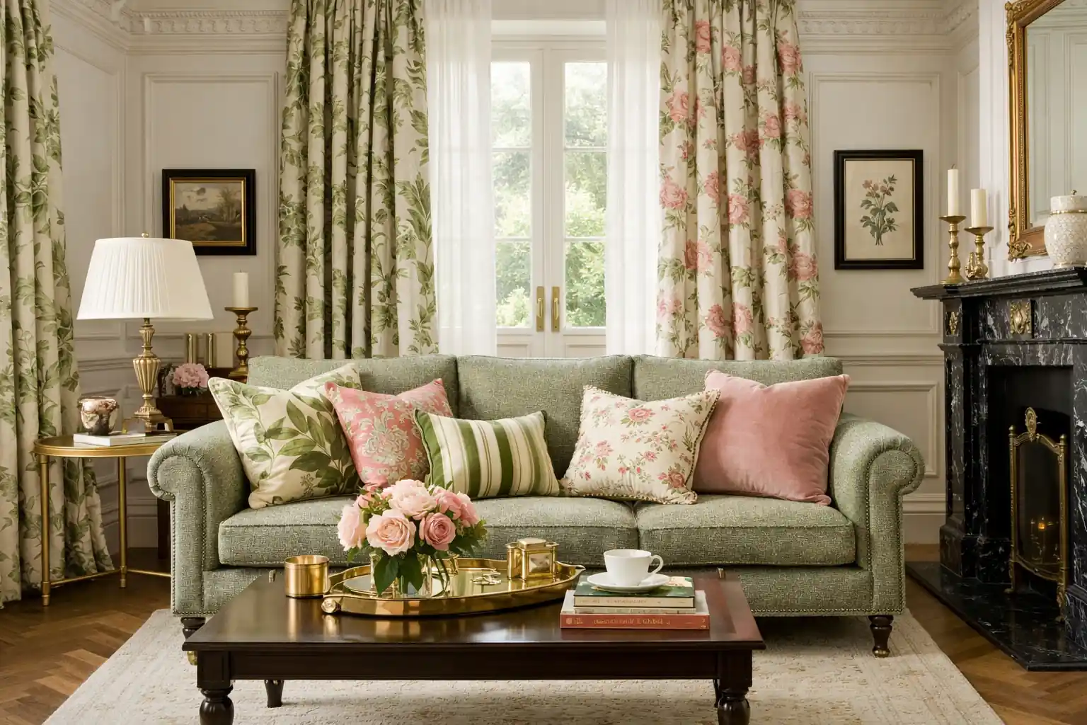 telas jane churchill en salón clásico con estampados botánicos y cortinas elegantes